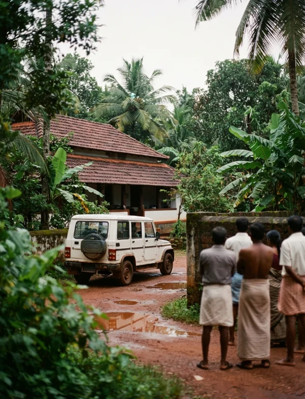 Illustration: a tile-roofed house among coconut palms after rain, a white jeep on a red earth path and onlookers seen from behind. Not the actual house or the arrest.