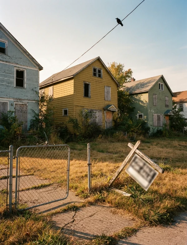 Illustration: a row of weathered, empty frame houses behind a chain-link fence, an overgrown lot and a fallen sign in late light. Not the actual houses.