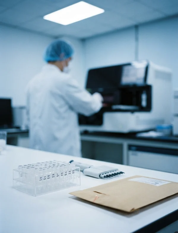 Illustration: a forensic laboratory bench with sample tubes and a sealed evidence envelope, a technician in a mask working out of focus behind. Not the actual laboratory.