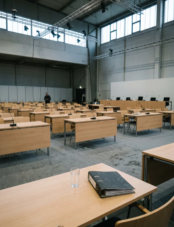 Illustration of an empty temporary courtroom in a large hall, rows of desks with microphones. Not the actual courtroom.