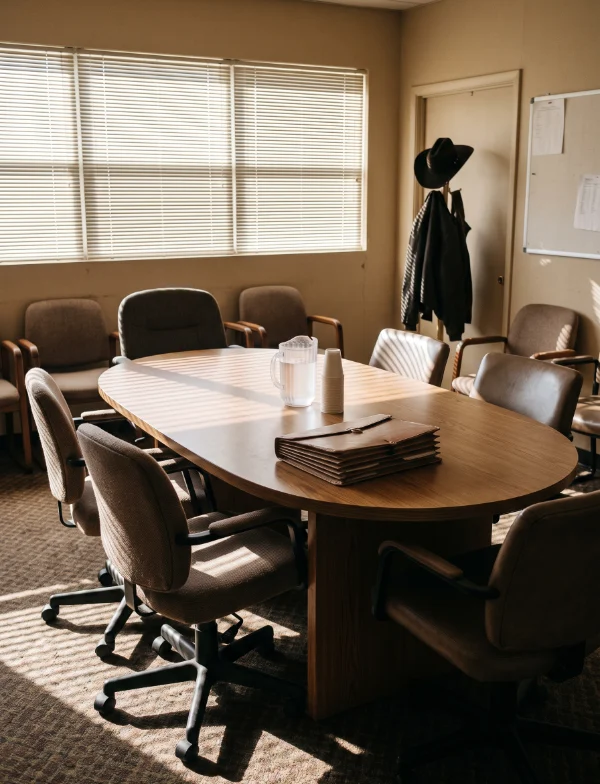 Illustration of an empty grand jury room with a conference table, chairs and a closed folder. Not the actual room.