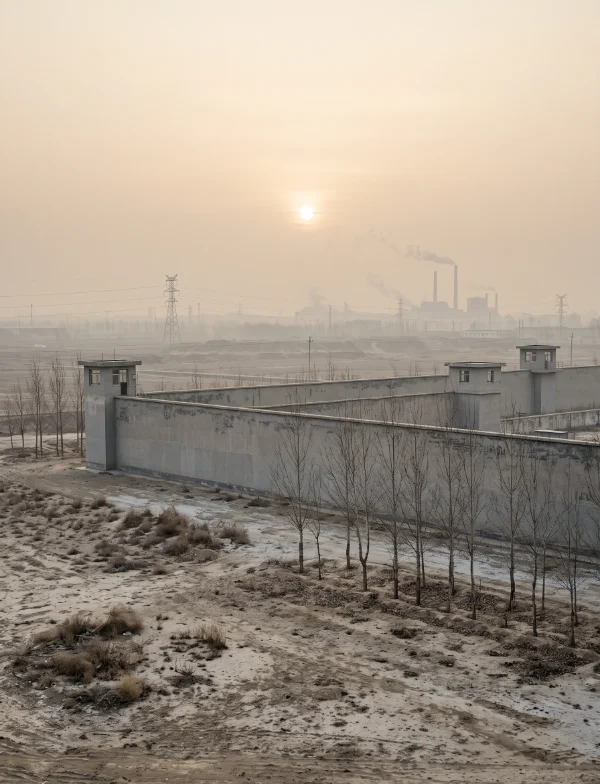 Illustration of a walled prison compound with watchtowers on frozen ground under a hazy winter dawn. Not the actual prison.