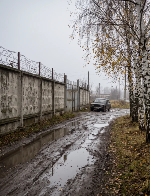 Illustration of a concrete prison wall topped with barbed wire beside a muddy road and birch trees in late autumn. Not the actual prison.