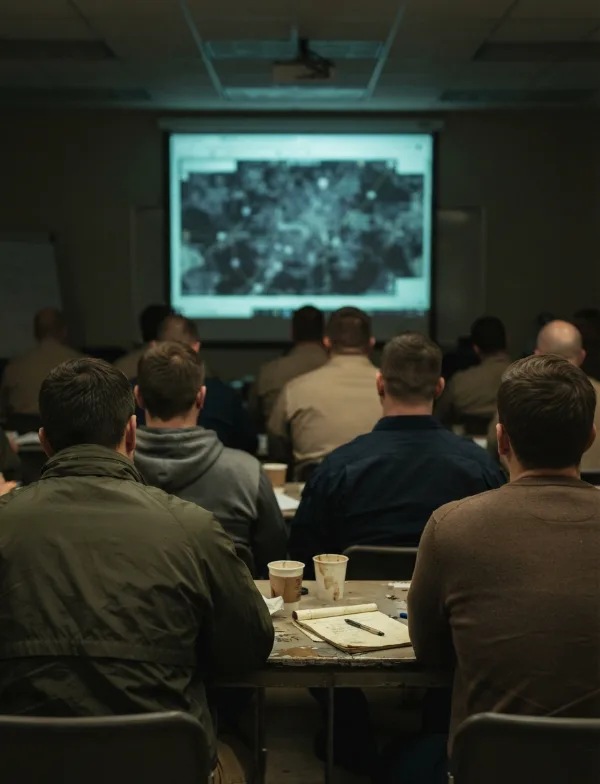 Illustration: task-force briefing room with officers seated facing a screen, seen from the back