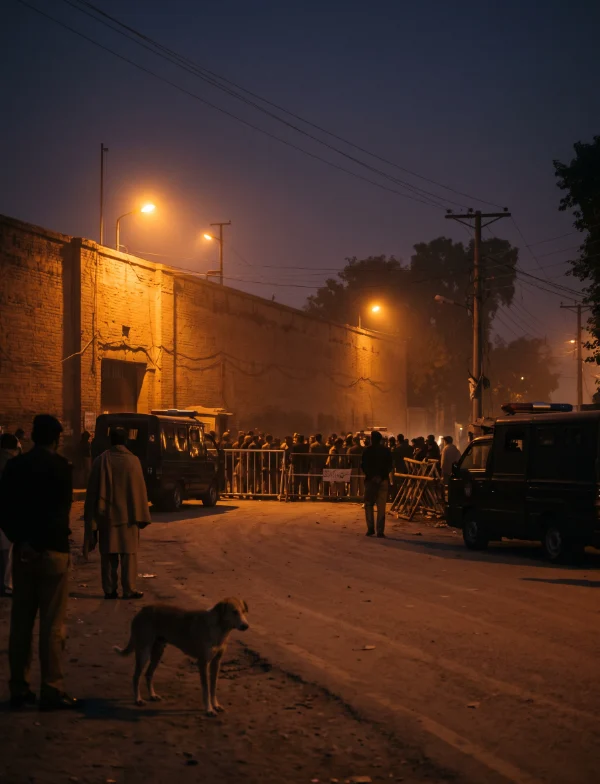 Illustration of a high brick prison wall under sodium lamps before dawn, with police vans and figures in silhouette. Not the actual prison.
