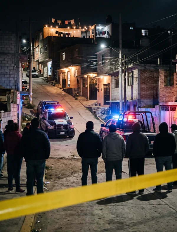 Illustration of police vehicles with flashing lights and onlookers behind tape on a steep hillside street at night. Not the actual place.