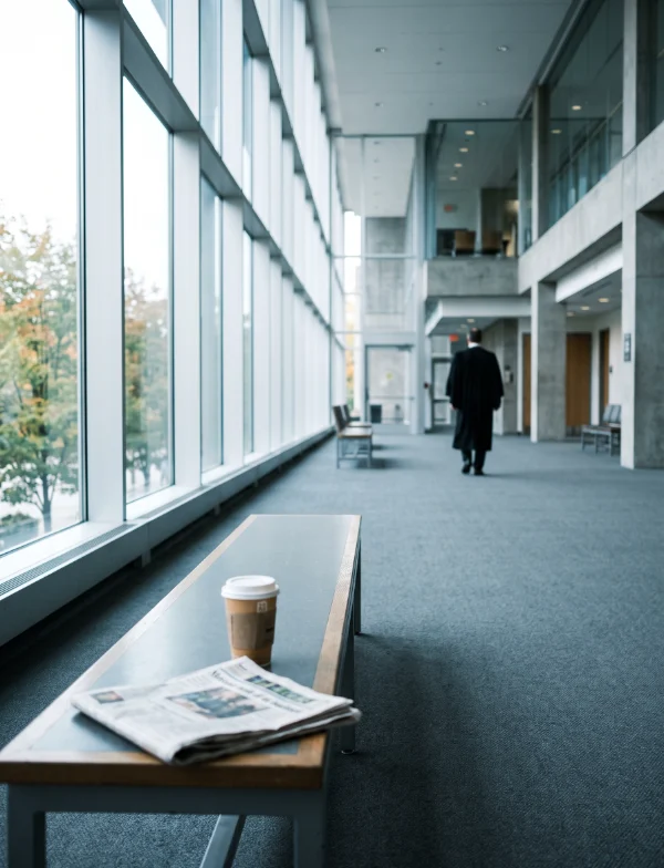 Illustration of a quiet courthouse corridor in autumn, a robed lawyer walking away past a bench with a coffee cup and folded newspaper. Not the actual courthouse.