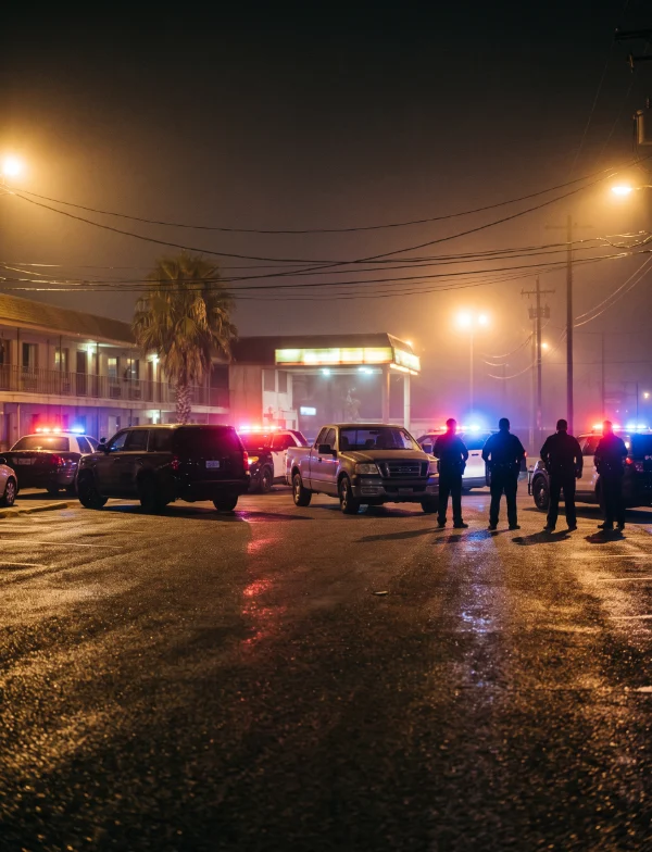 Illustration of police cars with flashing lights and officers in silhouette around a pickup truck in a motel parking lot at night. Not the actual scene.