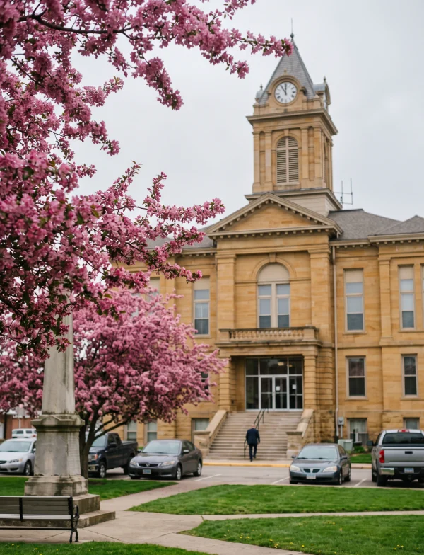 Illustration of a sandstone county courthouse with a clock tower on a small-town square in spring, behind flowering trees. Not the actual courthouse.