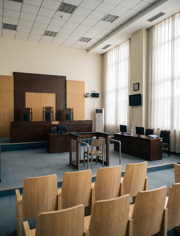 Illustration of an empty Chinese courtroom with pale wooden public seats, a raised judges' bench and tall curtained windows. Not the actual court.