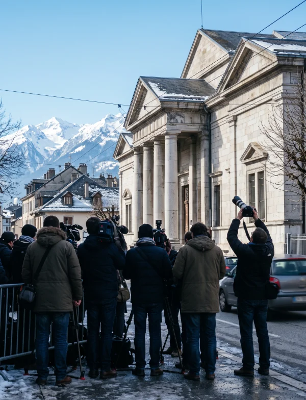 Illustration of press photographers and camera crews outside a classical stone courthouse in an Alpine town, snowy peaks behind. Not the actual courthouse.