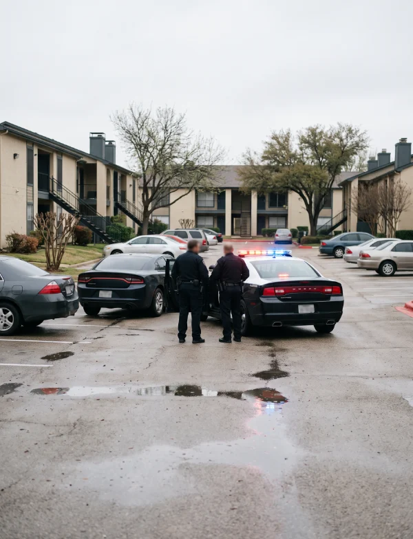 Illustration of two police officers beside patrol cars with flashing lights in a wet apartment-complex parking lot. Not the actual scene.