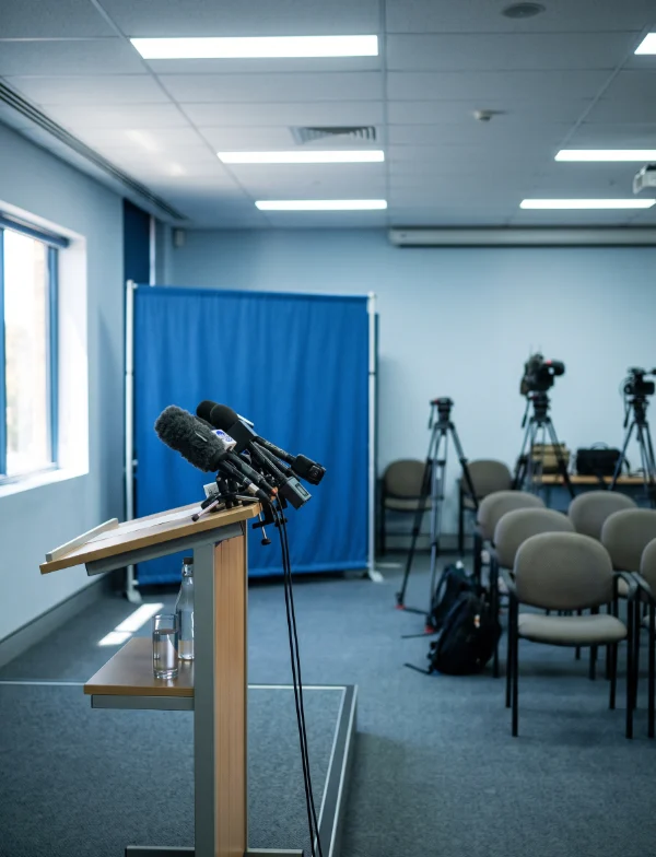 Illustration of an empty police press room with a lectern bunched with microphones and television cameras on tripods. Not the actual room.