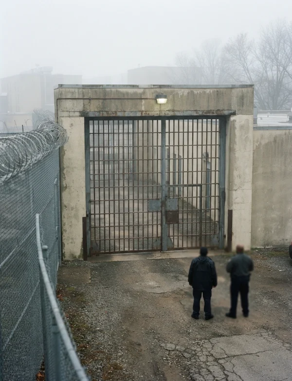 Illustration of a barred prison gate in a concrete wall on a foggy morning, with two men seen from behind. Not the actual centre.