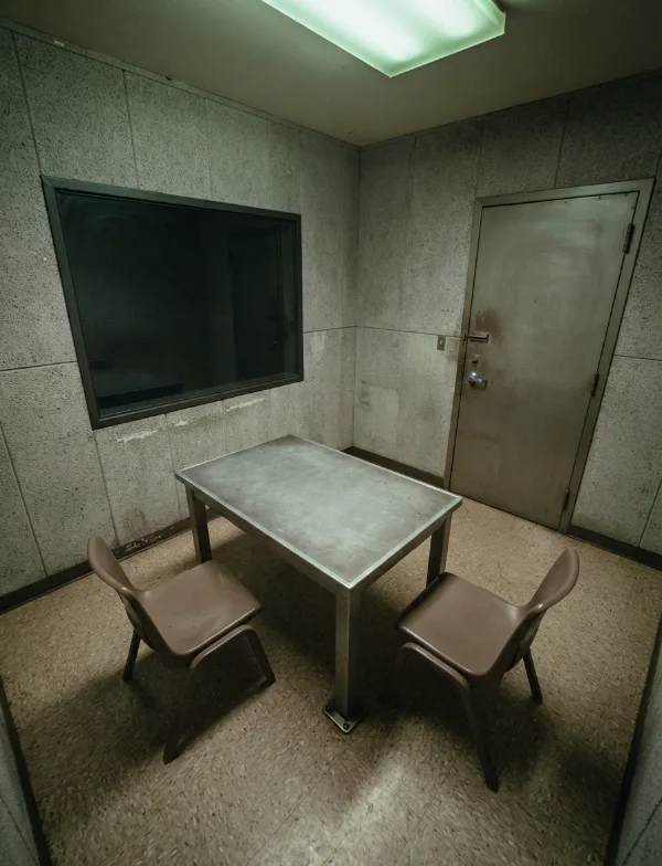 Illustration: small interrogation room with table, two chairs and one-way mirror