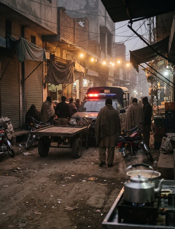 Illustration of a small Punjab town street on a winter evening, with a police vehicle in the distance. Not the actual scene.
