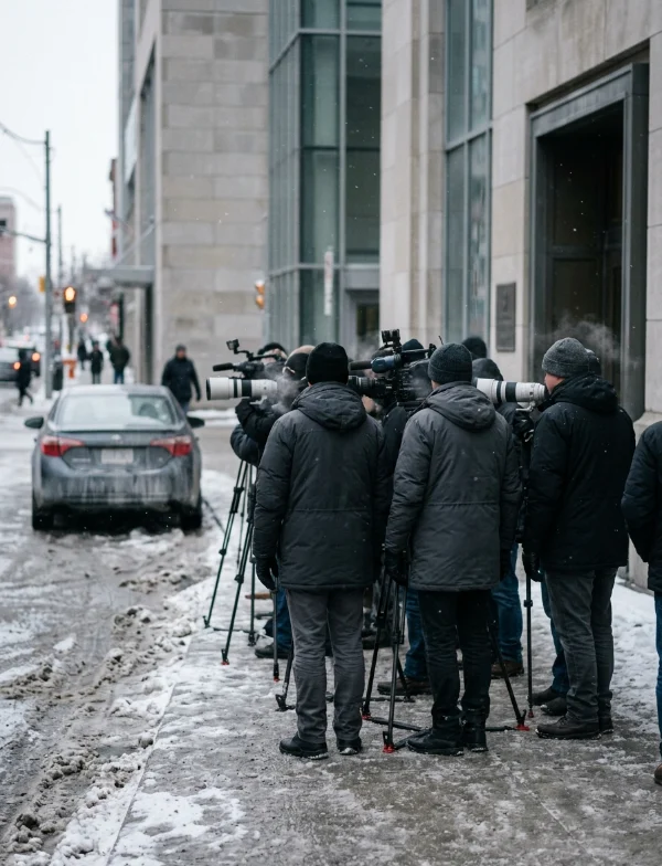 Illustration of television camera crews in winter coats waiting outside a Toronto courthouse on a slushy street. Not the actual courthouse.