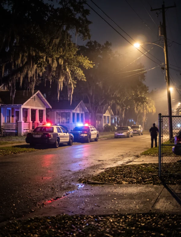 Illustration of police cars with lights flashing on a wet residential street of small houses under streetlights at night. Not the actual street.