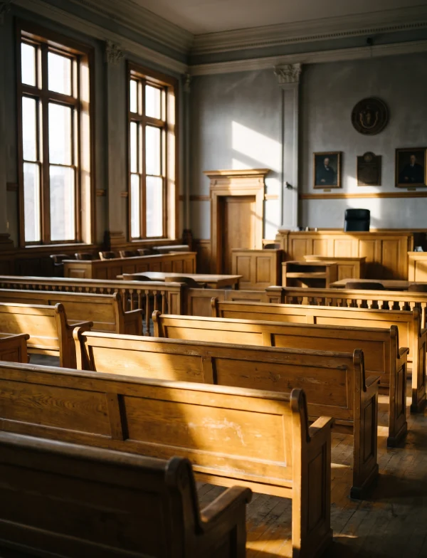 Illustration of an empty courtroom with worn oak benches in low autumn sunlight from tall windows. Not the actual courtroom.