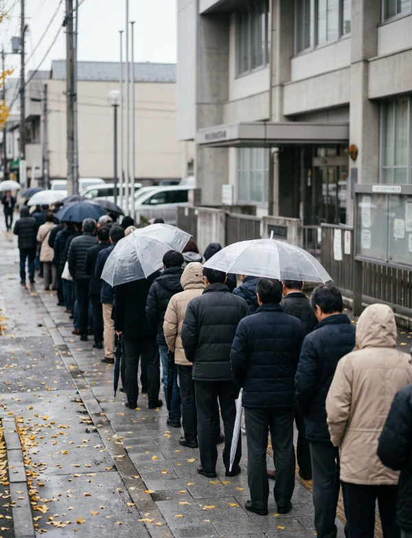 Illustration of a long queue of people with umbrellas, seen from behind, waiting outside a plain Japanese government building on a drizzly autumn morning. Not the actual court.