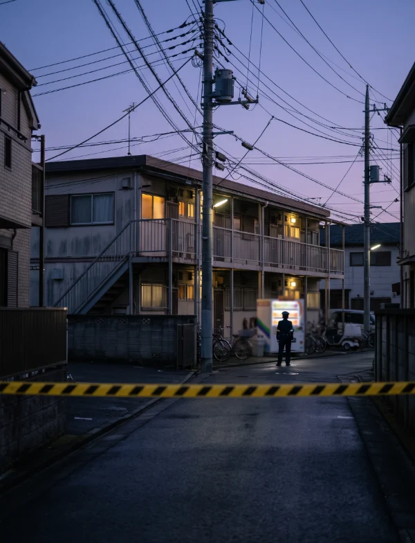 Illustration of a narrow Japanese suburban lane at dusk, barrier tape across the road and a low apartment block beyond. Not the actual building.