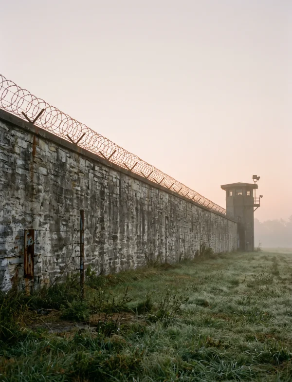 Illustration of a weathered stone prison wall topped with razor wire and a distant guard tower in hazy dawn light. Not the actual prison.