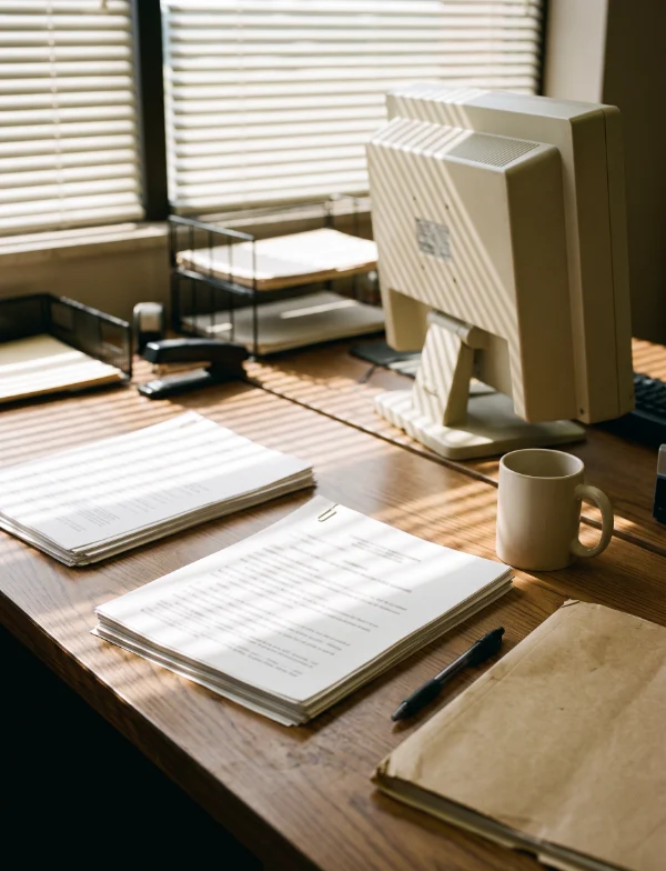 Illustration of stacks of paper-clipped documents, a pen and a manila folder on an office desk in bands of sunlight through venetian blinds.