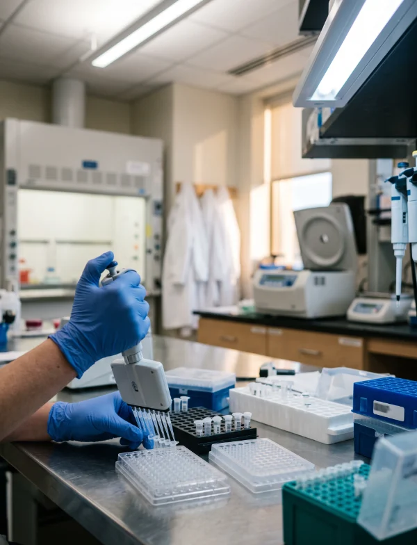 Illustration of gloved hands pipetting samples into a tray at a forensic laboratory bench. Not the actual laboratory.