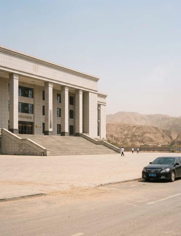 Illustration of a pale stone courthouse with columns and wide steps beside dry hills on a hazy summer day. Not the actual court.