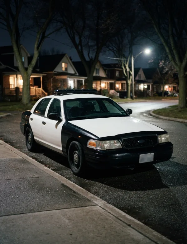 Illustration: generic unmarked-livery patrol car parked on residential street at night