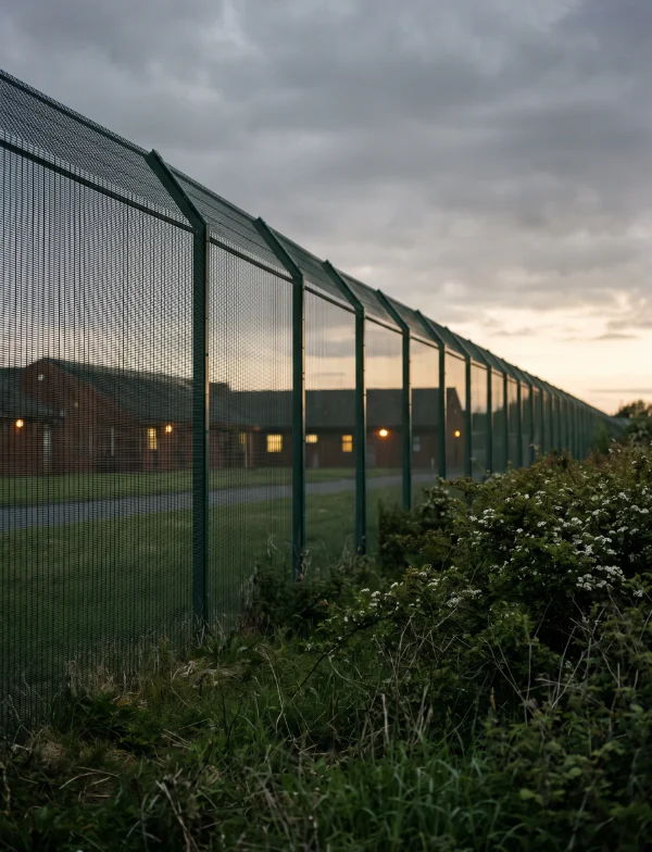 Illustration of a tall green security fence around low brick hospital buildings at dusk, hawthorn in flower beside it. Not the actual hospital.