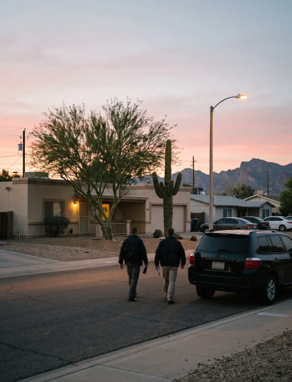 Illustration of two plain-clothes men walking from a dark SUV toward a stucco house on a Phoenix street at dusk, a saguaro in the yard. Not the actual arrest.