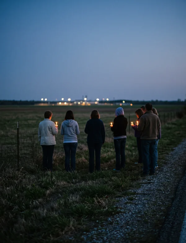 Illustration of a small group holding candles at a fence line at dusk, looking across a field toward the floodlights of a distant prison. Not the actual prison or people.