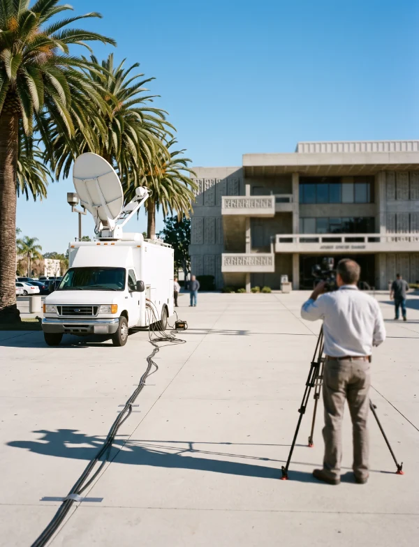 Illustration of a satellite news truck and a camera operator on a sunny courthouse plaza lined with palm trees. Not the actual courthouse.