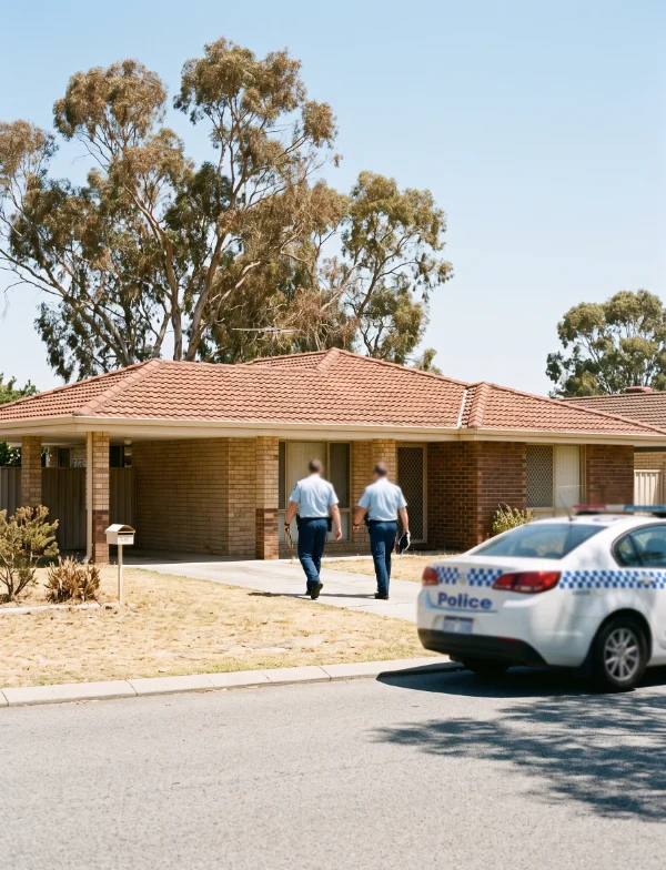 Illustration of two uniformed police officers walking up the driveway of a brick suburban house under gum trees, a patrol car at the curb. Not the actual house.