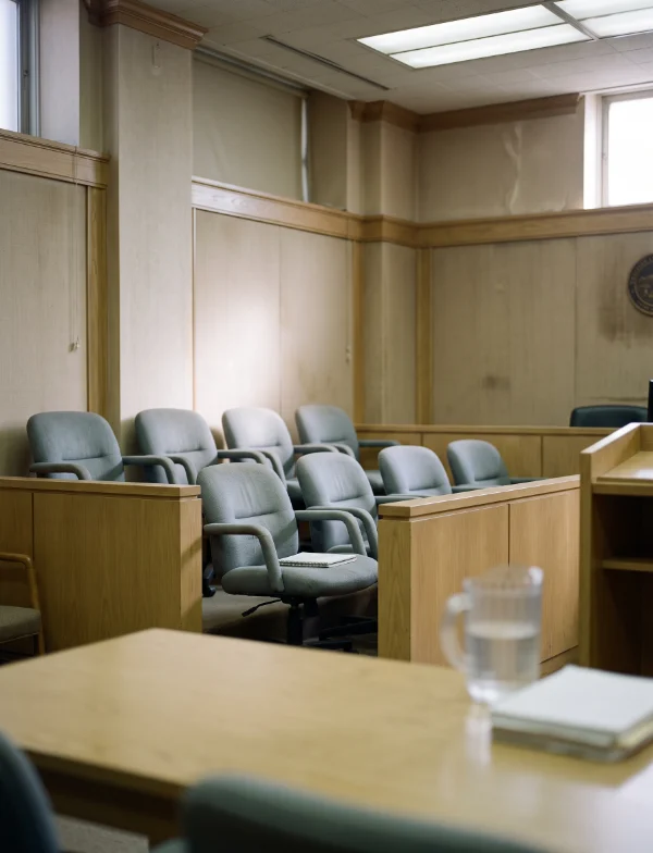 Illustration of an empty jury box with gray chairs in a wood-paneled courtroom, a water pitcher on the counsel table. Not the actual courtroom.