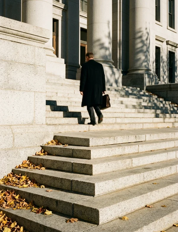 A man in a dark overcoat carrying a briefcase climbs the granite steps of a columned courthouse, autumn leaves on the steps