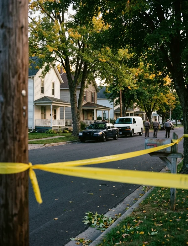 Police tape across a quiet small-town street with a parked patrol car