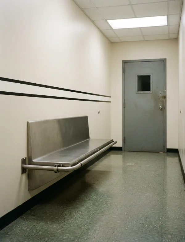 Illustration: police station booking hallway with height chart wall and bench