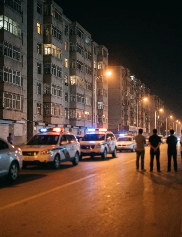 Police cars with flashing lights parked along a city boulevard at night beneath apartment blocks, with onlookers standing in the road