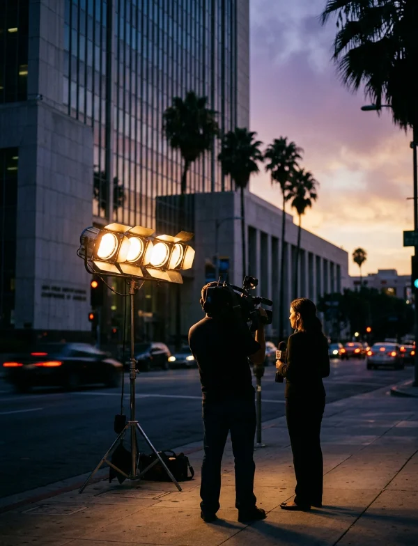 A television camera operator and a reporter standing under bright lights on a downtown Los Angeles sidewalk at dusk, palm trees and a courthouse building behind them