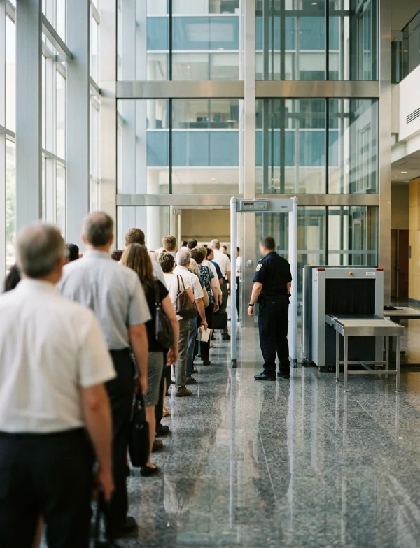 A long line of people waiting to pass through a security scanner in the glass lobby of a courthouse, watched by a uniformed officer