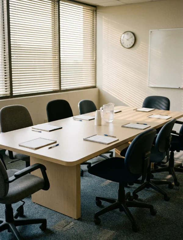An empty jury deliberation room with a long table, rolling chairs, closed notepads and a water pitcher, sunlight striping the table through half-closed blinds