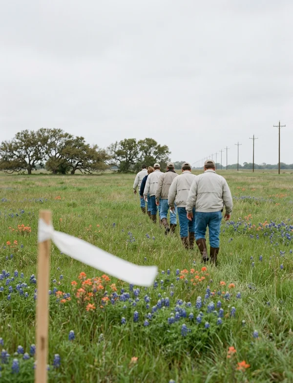 A line of searchers in light jackets walking away through knee-high prairie grass and wildflowers under an overcast sky, a ribbon on a stake in the foreground. Not the actual site.
