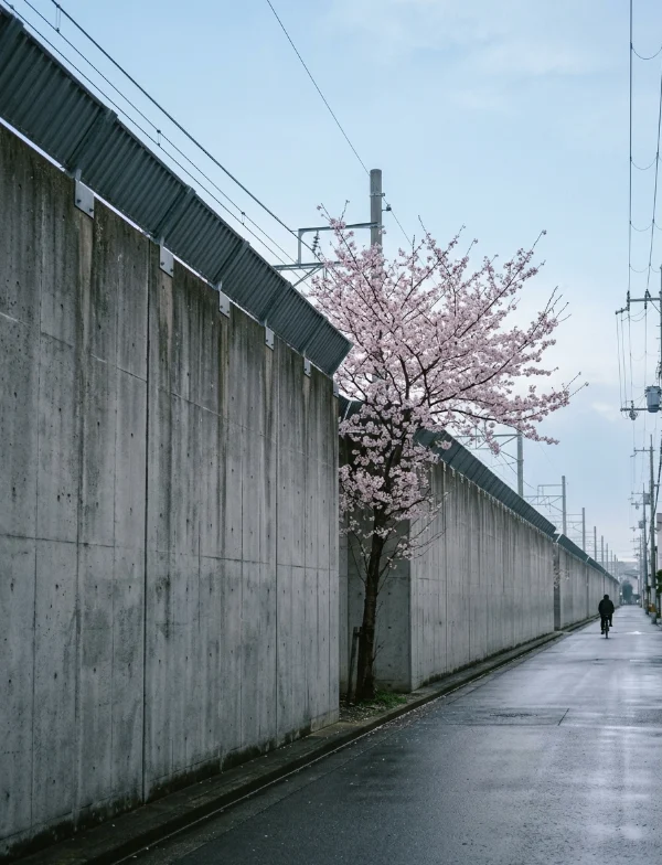 A long grey concrete perimeter wall with angled anti-climb panels beside a quiet wet street, one cherry tree in bloom and a distant cyclist. Not the actual detention house.