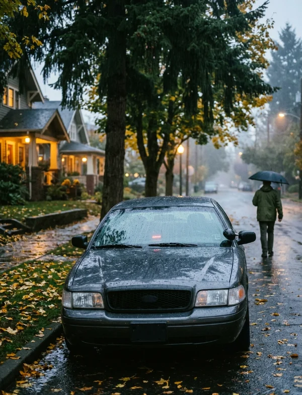 A dark sedan parked on a rainy residential street under tall evergreens, with a figure walking away under an umbrella. Not the actual place or event.