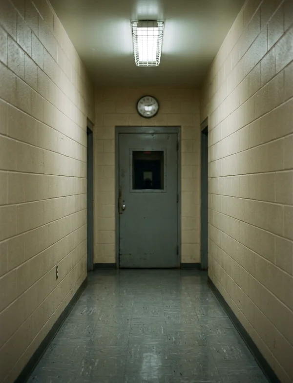 An empty institutional corridor with beige cinderblock walls ending at a closed steel door under a single caged light. Not the actual prison.