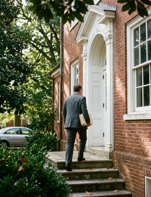A man in a gray suit carrying a file folder climbs the stone steps of a red-brick Georgian building with white trim, under magnolia leaves. Not the actual courthouse.