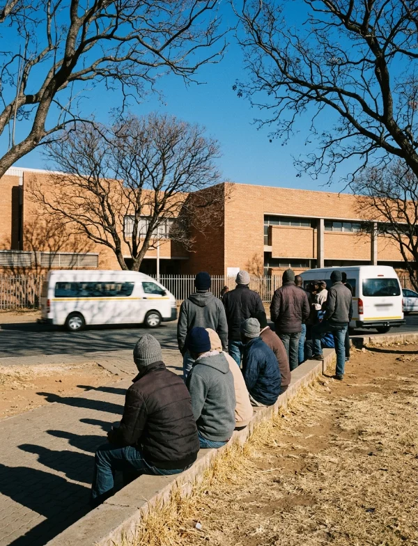People in jackets and beanies wait on a low concrete wall outside a 1970s face-brick building under bare winter trees and a hard blue sky. Not the actual court.