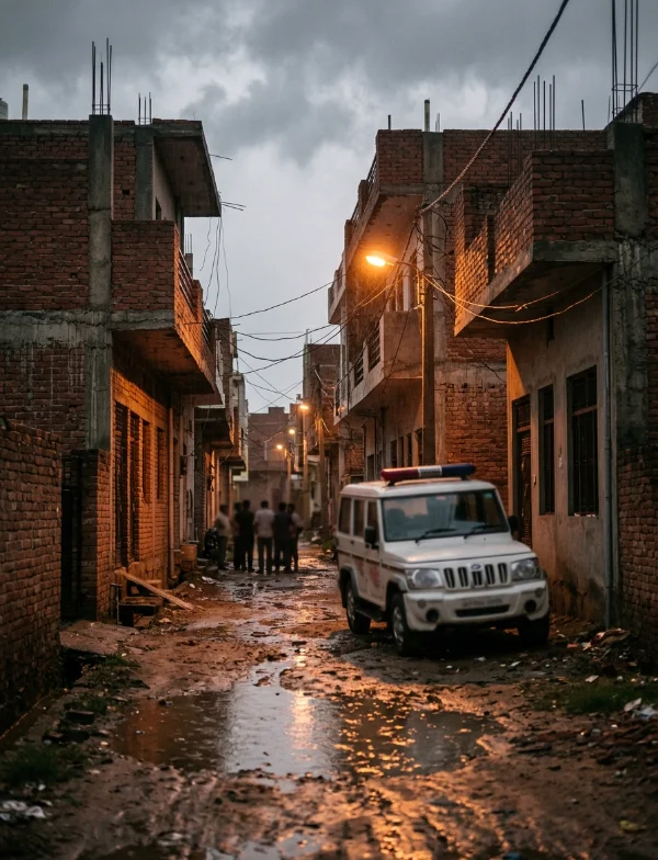 A white police jeep parked in a wet, narrow lane between unfinished brick houses under monsoon clouds, with distant onlookers. Not the actual place.